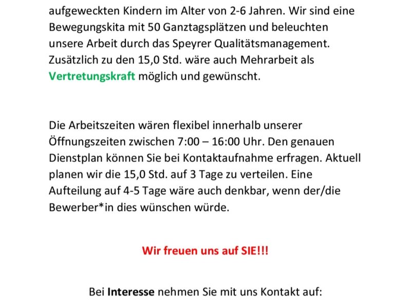 Erzieherin für 15h gesucht